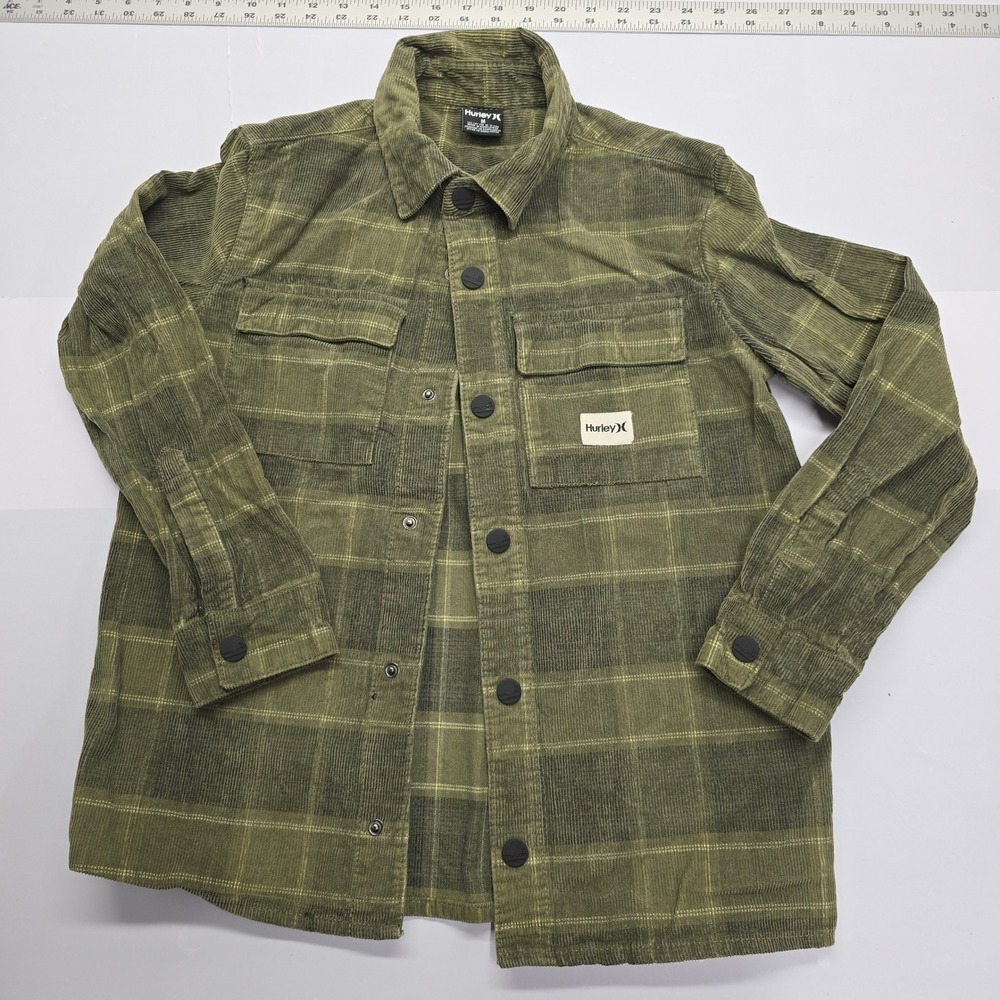 Hurley Kids Boys Green Plaid Corduroy Button Down Shacket Jacket Size M 10-12